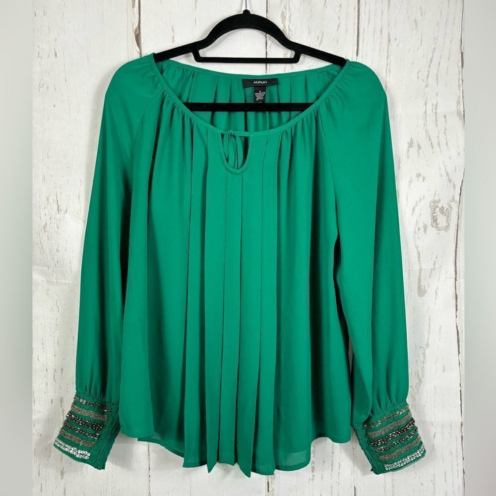 Alfani Green Sophisticated Pleated Blouse Embellished  Cuffs